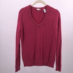 Pink Long Sleeve Cable Knit V Neck Sweater IZOD Flex Sz S Bright Fuchsia Casual